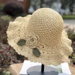 Women's Sun Hat Beige Crochet Flower Detail Wide Brim Beach Garden Party Elegant Accessory One Size Fits Most Spring Summer Apparel 2025 - Image 2