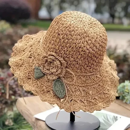 Women's Sun Hat Beige Crochet Flower Detail Wide Brim Beach Garden Party Elegant Accessory One Size Fits Most Spring Summer Apparel 2025